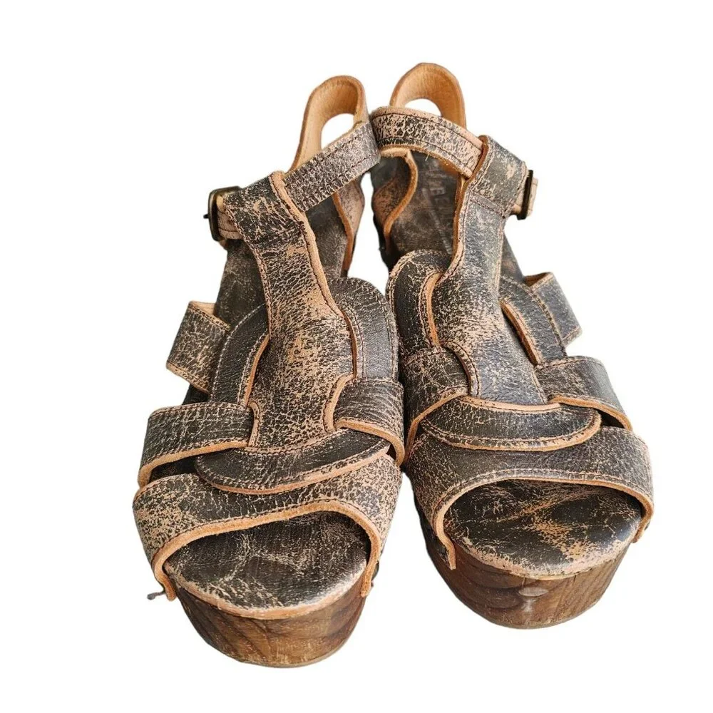 Bed Stu Size 8.5 Caitlin Platform Wood‎ Heels Brown Distressed Leather S…